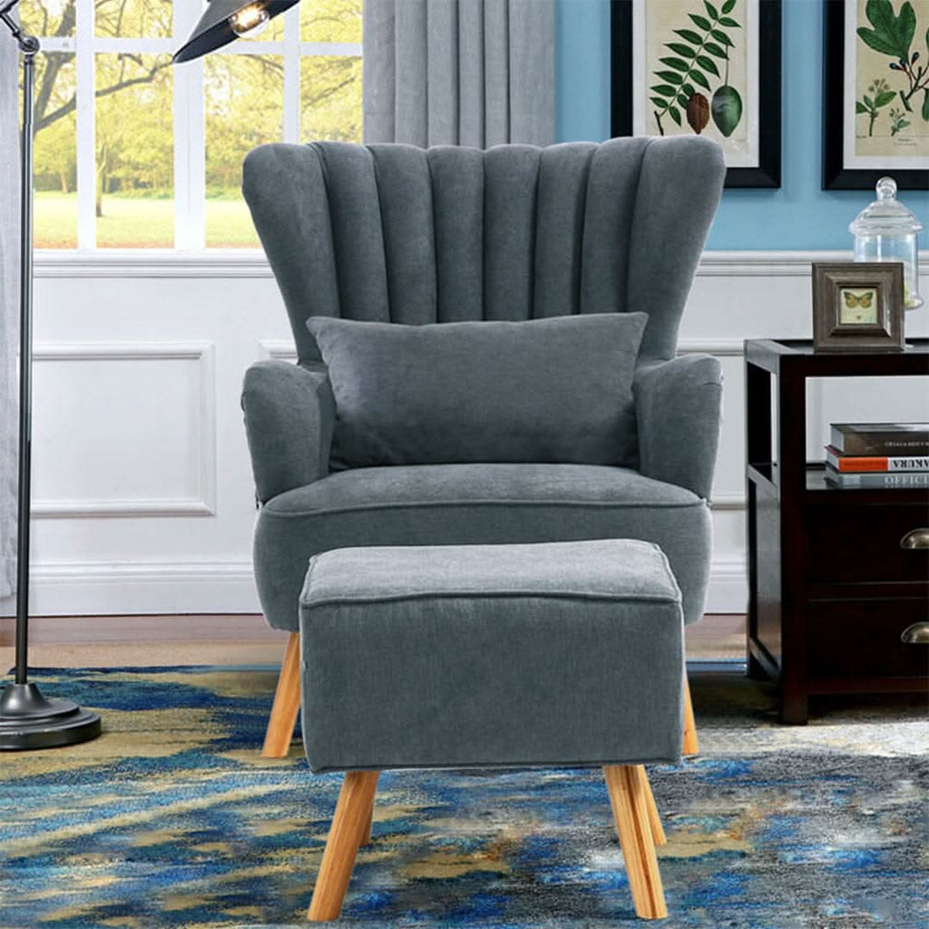 Navy Grey Fleece Accent Chair with Ottoman & Cushion