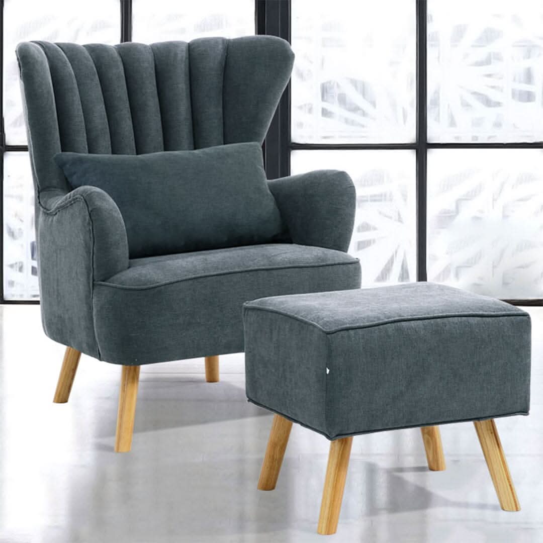 Navy Grey Fleece Accent Chair with Ottoman & Cushion