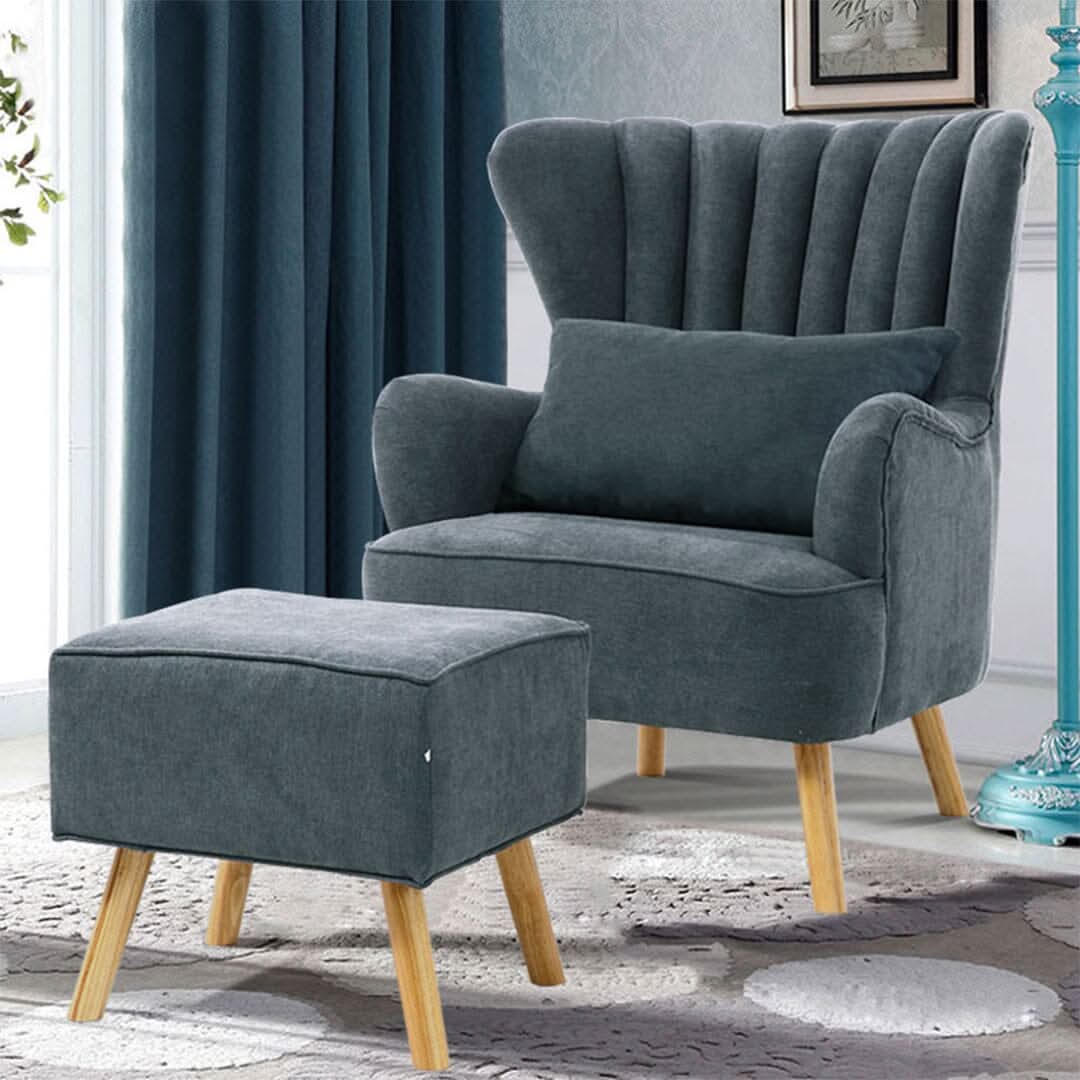 Navy Grey Fleece Accent Chair with Ottoman & Cushion