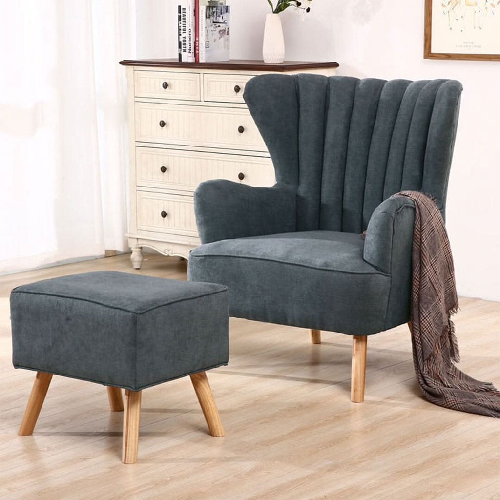Navy Grey Fleece Accent Chair with Ottoman & Cushion