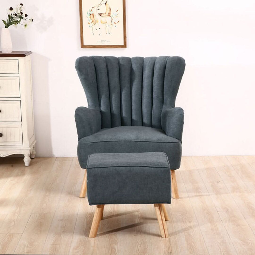 Navy Grey Fleece Accent Chair with Ottoman & Cushion