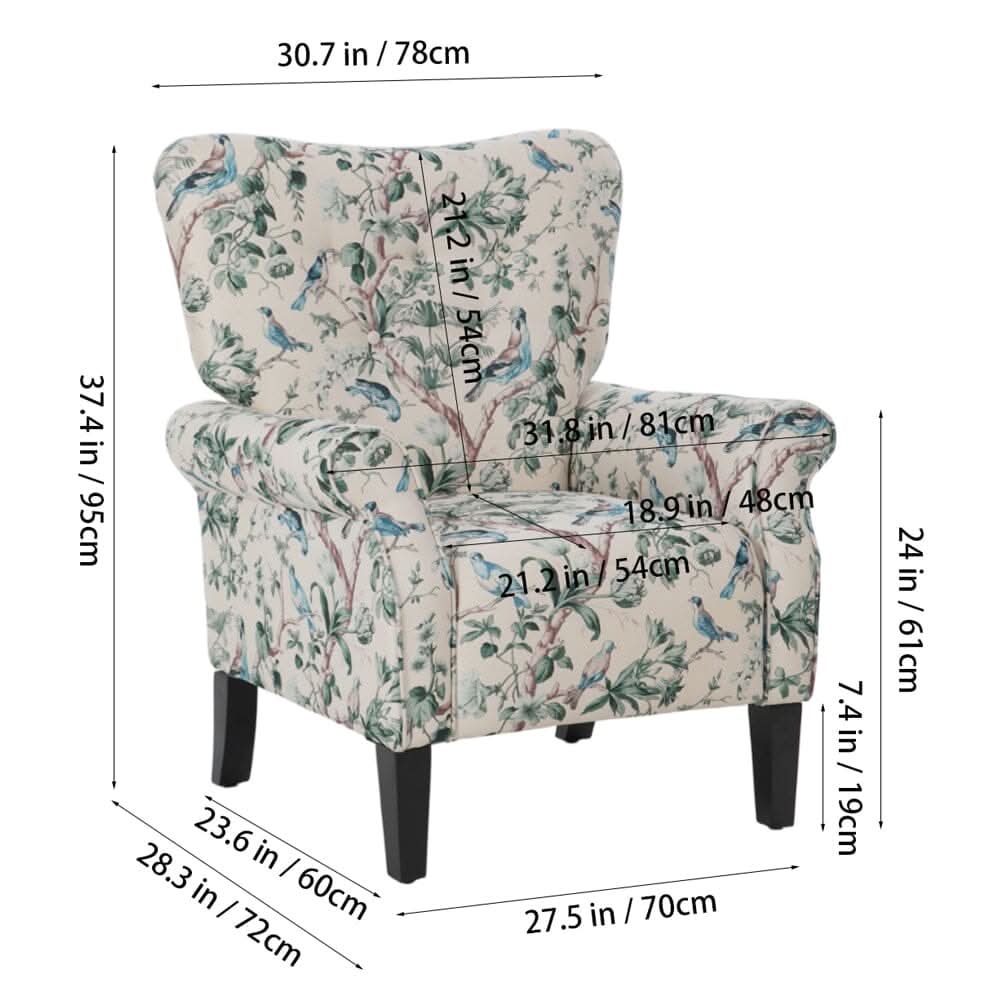 Floral Fabric Accent Chair with Solid Wood Legs and Tufted Backrest