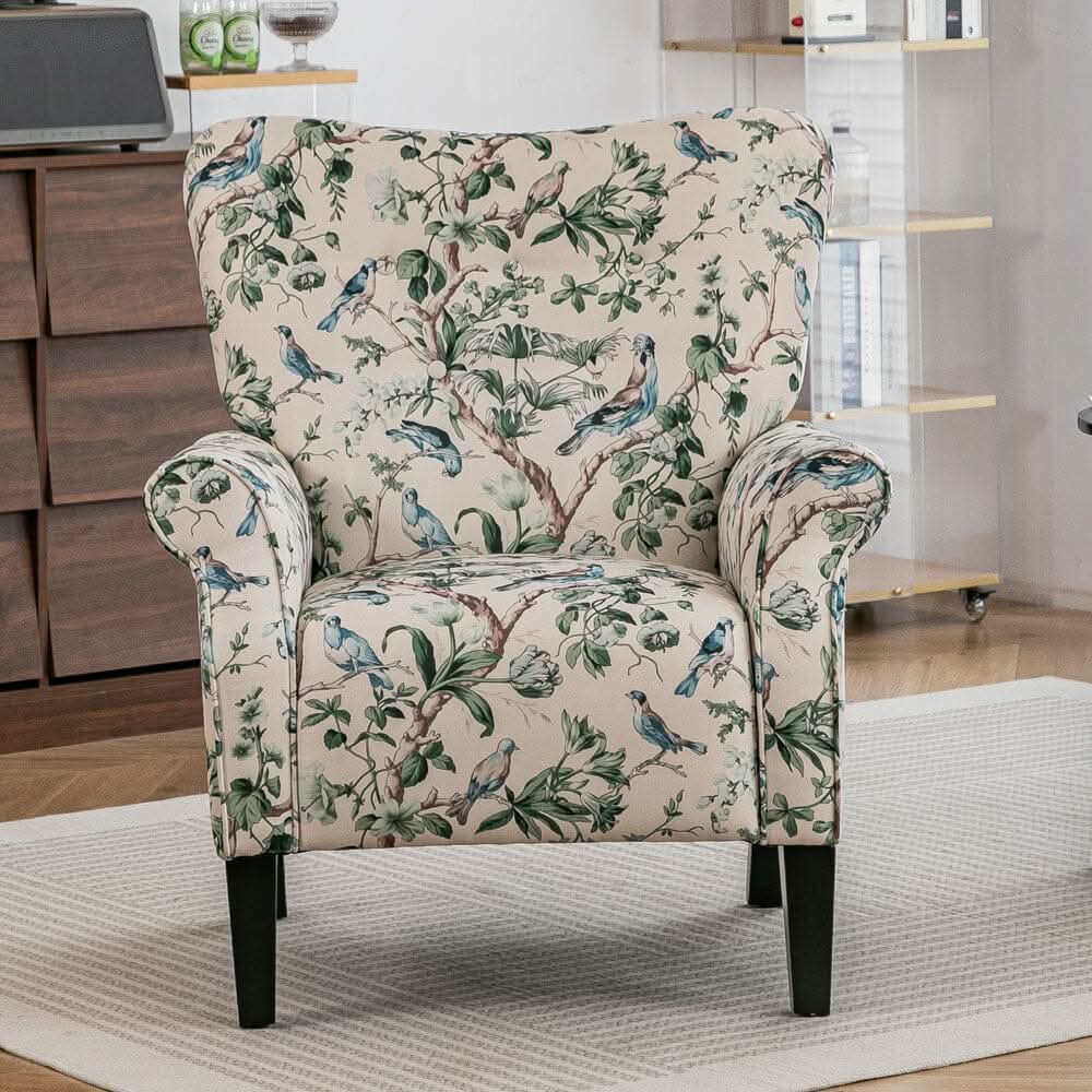Floral Fabric Accent Chair with Solid Wood Legs and Tufted Backrest