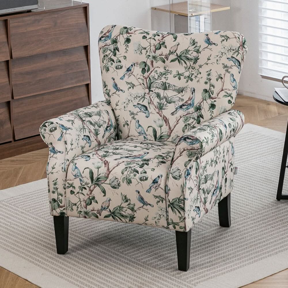 Floral Fabric Accent Chair with Solid Wood Legs and Tufted Backrest