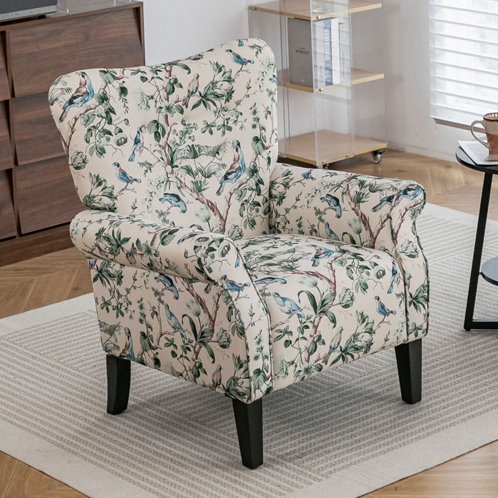 Floral Fabric Accent Chair with Solid Wood Legs and Tufted Backrest