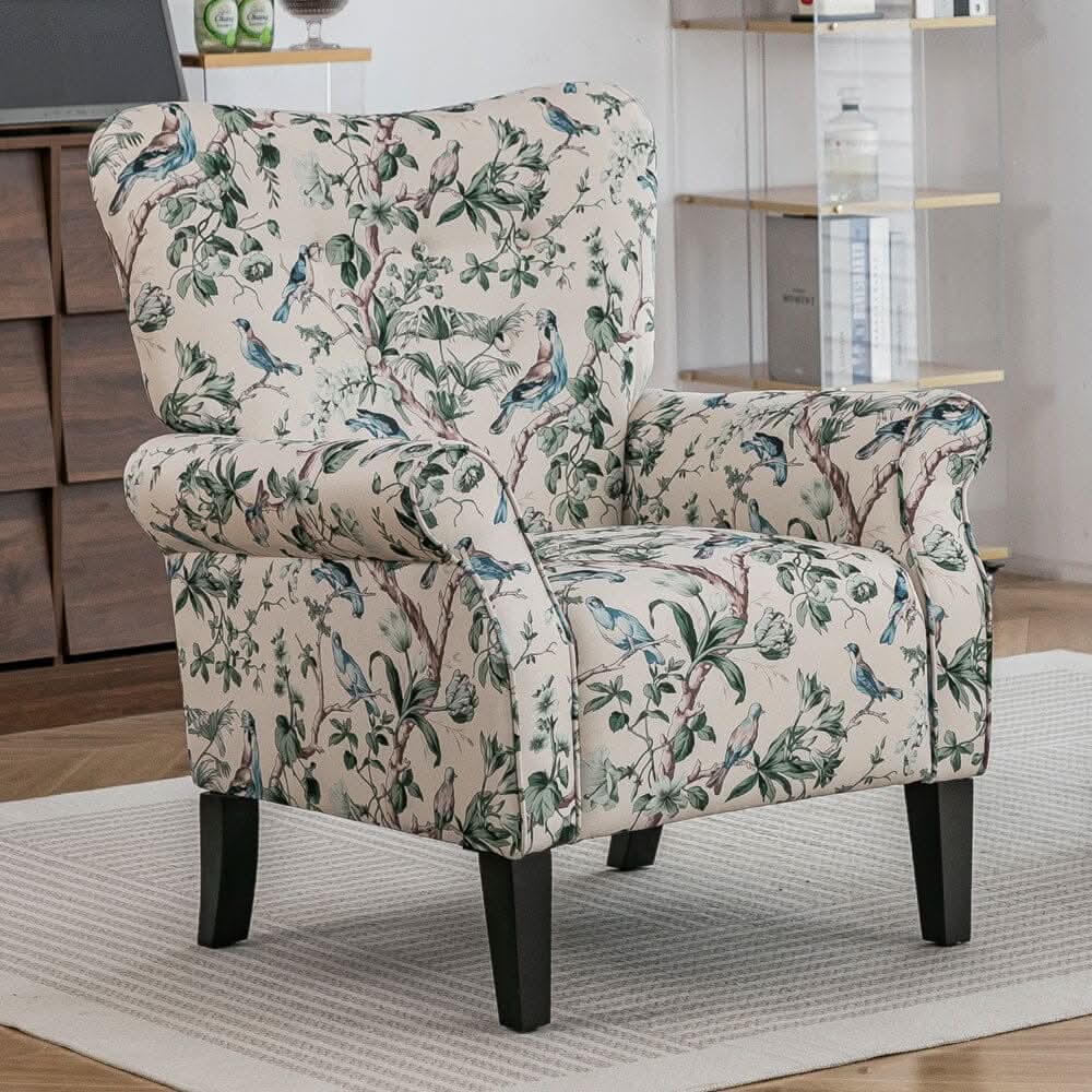 Floral Fabric Accent Chair with Solid Wood Legs and Tufted Backrest