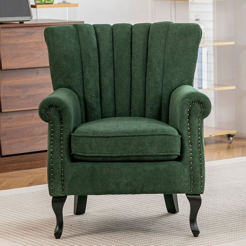 Chenille Accent Chair with European Curved Legs and Nailhead Trim
