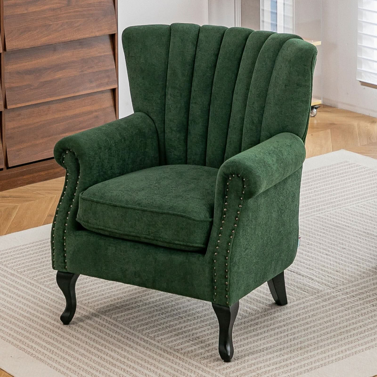 Chenille Accent Chair with European Curved Legs and Nailhead Trim
