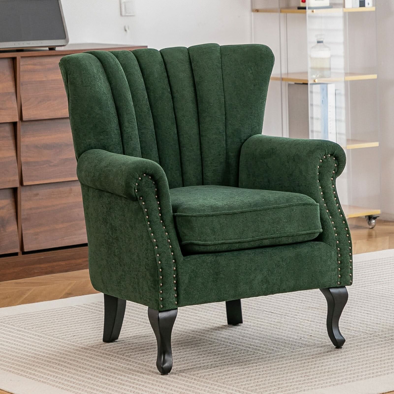 Chenille Accent Chair with European Curved Legs and Nailhead Trim