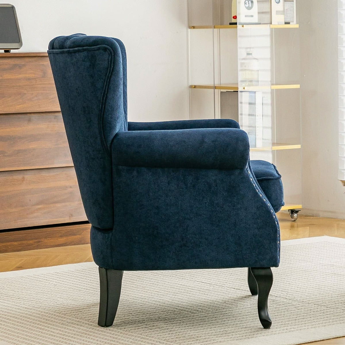 Chenille Accent Chair with European Curved Legs and Nailhead Trim