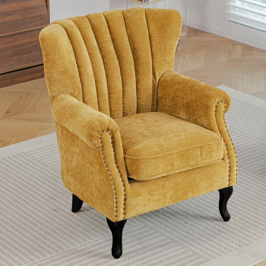 Chenille Accent Chair with European Curved Legs and Nailhead Trim