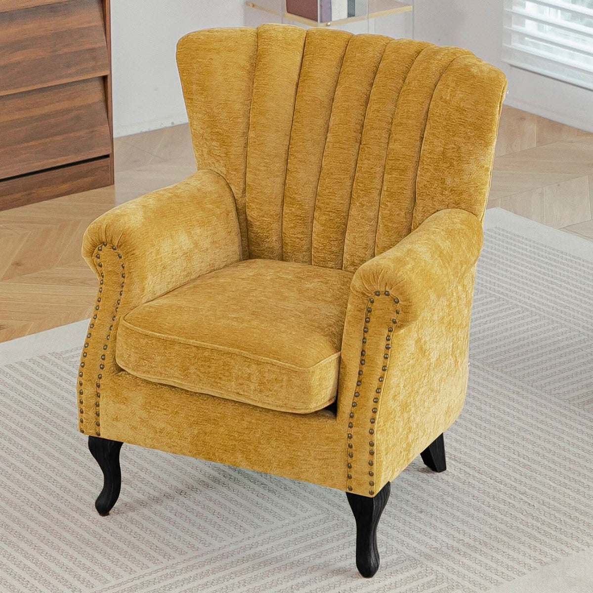 Chenille Accent Chair with European Curved Legs and Nailhead Trim