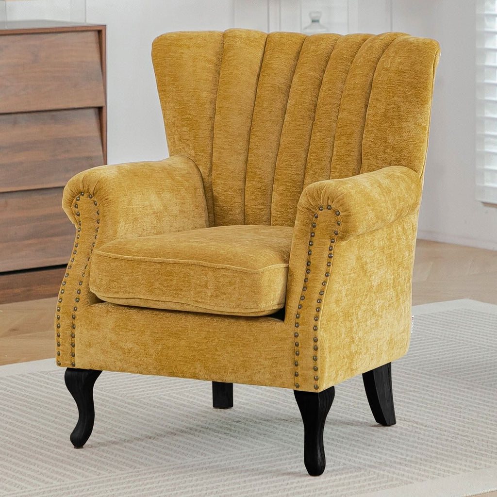 Chenille Accent Chair with European Curved Legs and Nailhead Trim