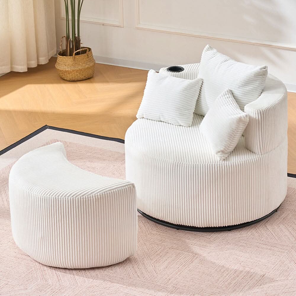Corduroy Swivel Chair with Ottoman, Cup Holder and Removable Armrests