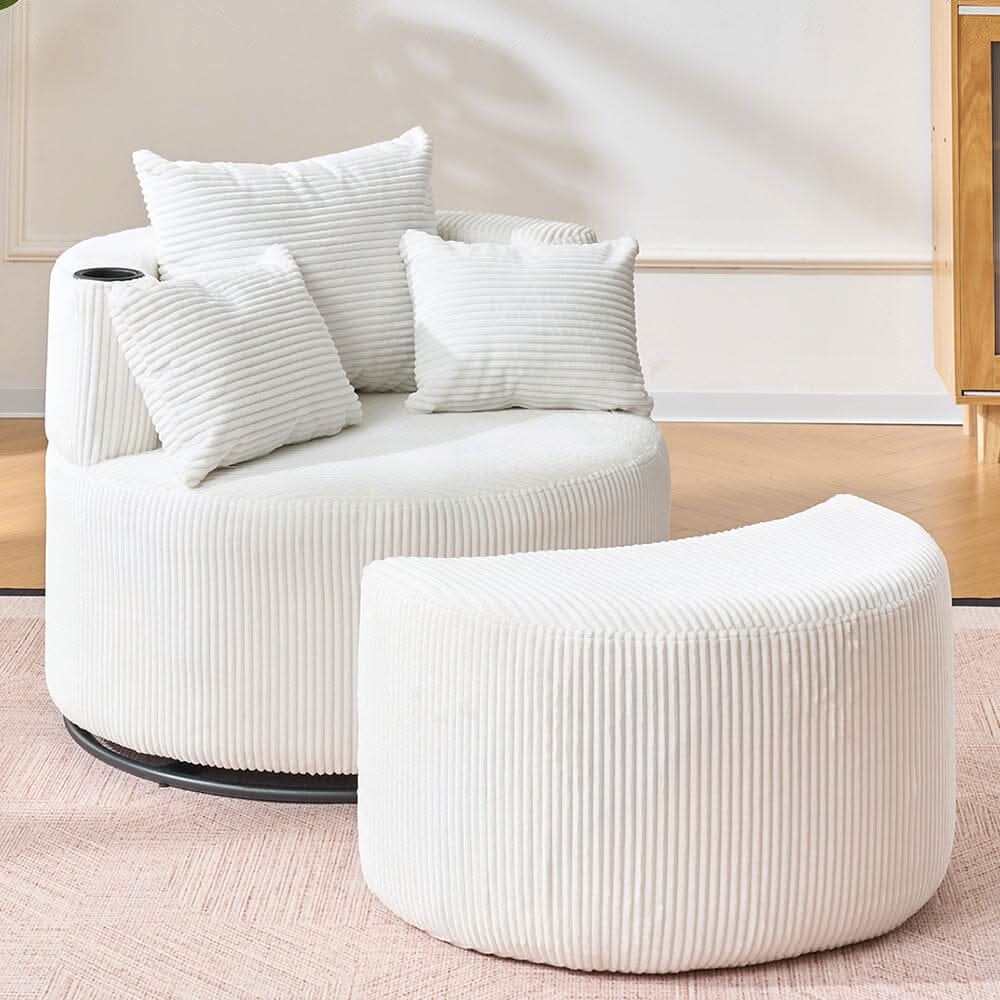 Corduroy Swivel Chair with Ottoman, Cup Holder and Removable Armrests