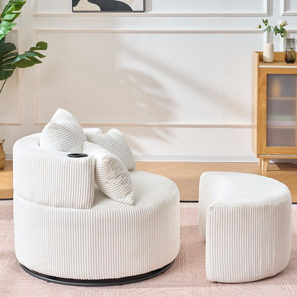 Corduroy Swivel Chair with Ottoman, Cup Holder and Removable Armrests