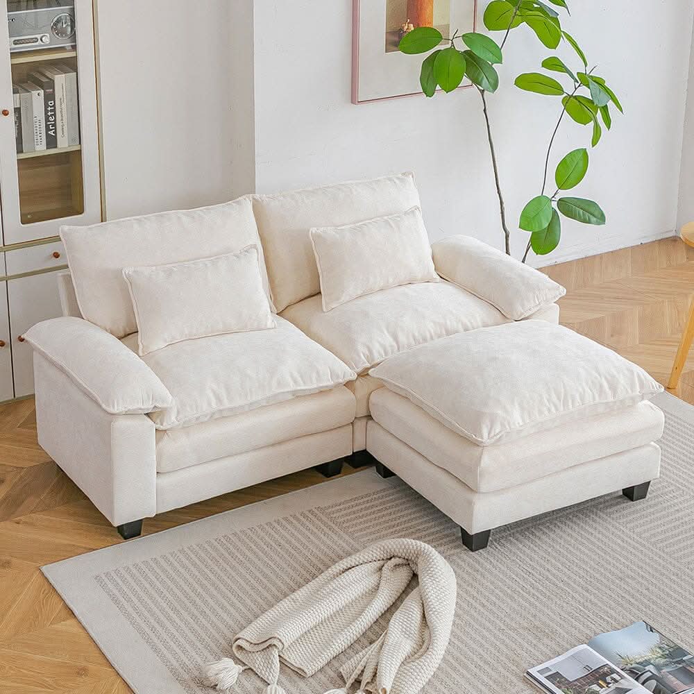 Chenille 2-Seater Modular Sofa with Ottoman and Plush Cushions