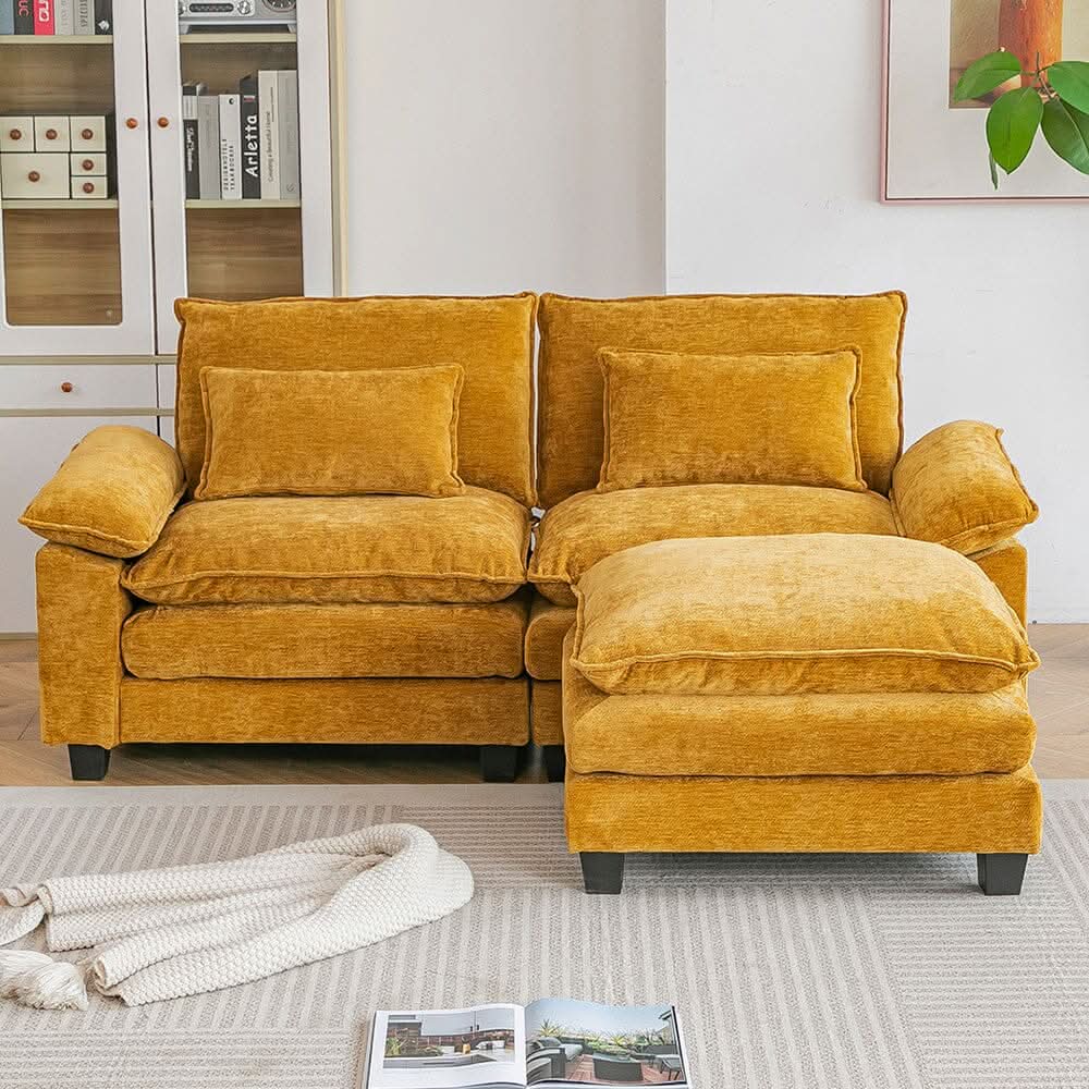 Chenille 2-Seater Modular Sofa with Ottoman and Plush Cushions