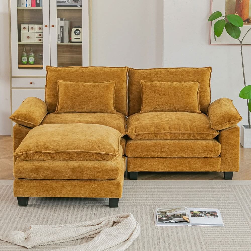 Chenille 2-Seater Modular Sofa with Ottoman and Plush Cushions