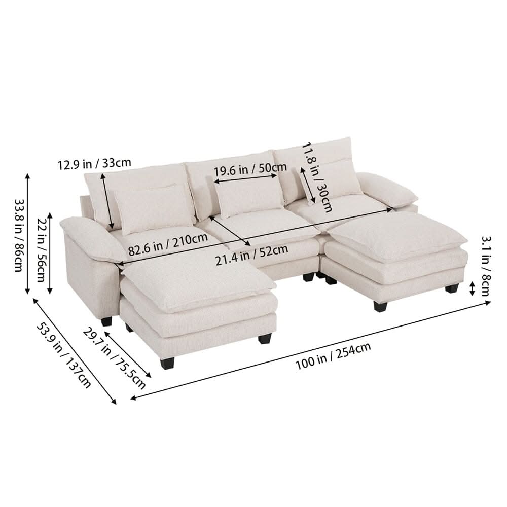 Chenille 3-Seater Modular Sofa with Double Ottomans and Full Cushion Set