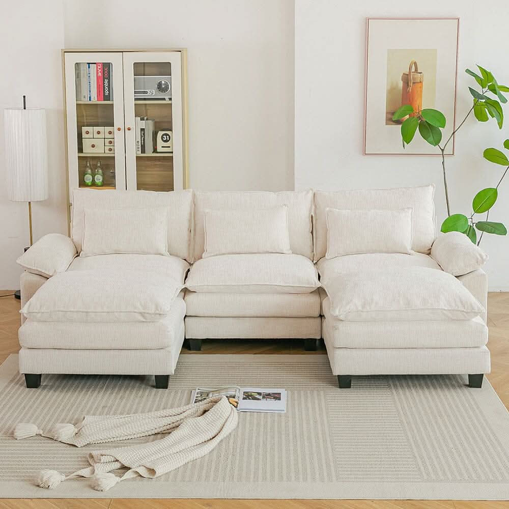 Chenille 3-Seater Modular Sofa with Double Ottomans and Full Cushion Set