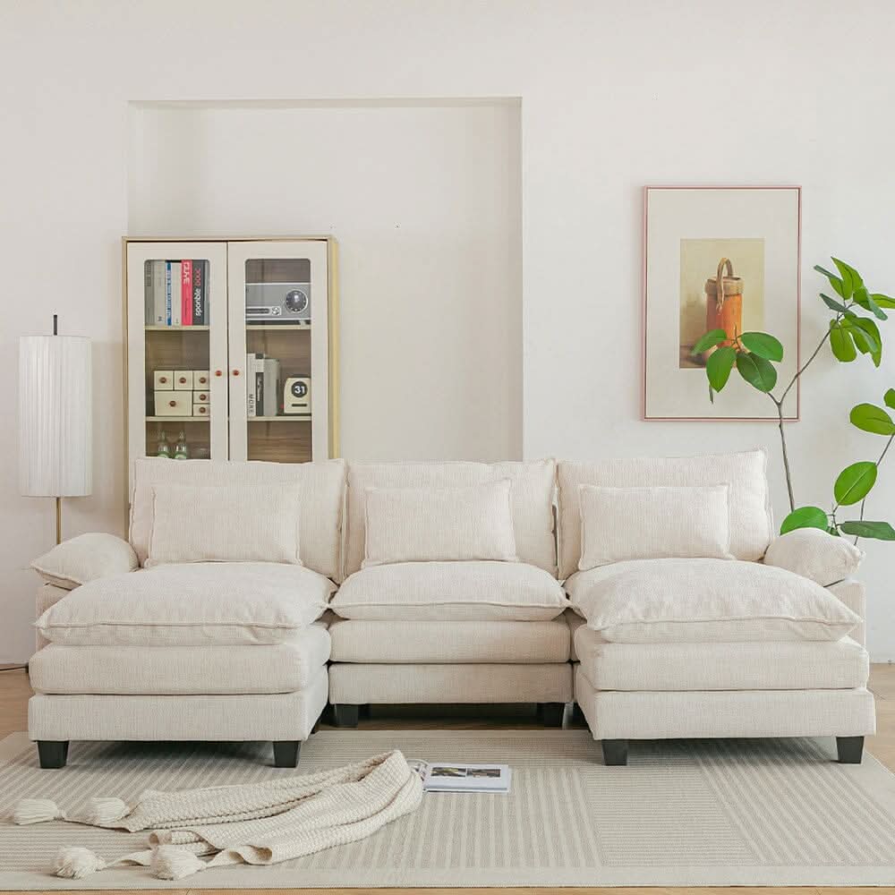 Chenille 3-Seater Modular Sofa with Double Ottomans and Full Cushion Set
