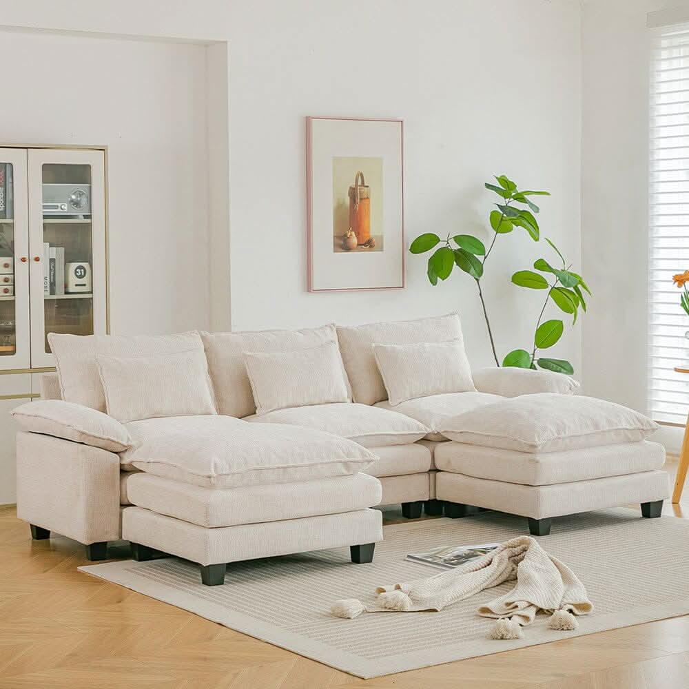 Chenille 3-Seater Modular Sofa with Double Ottomans and Full Cushion Set