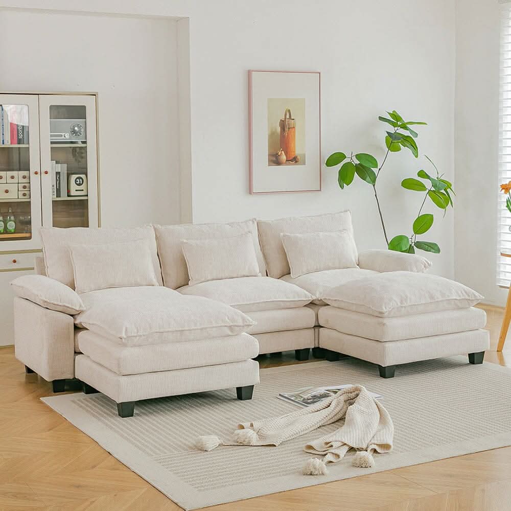 Chenille 3-Seater Modular Sofa with Double Ottomans and Full Cushion Set