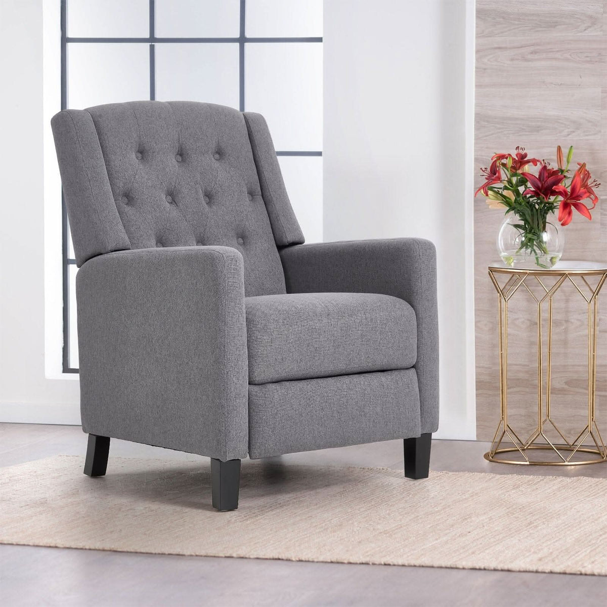 Single Recliner Sofa Chair Adjustable 140° Grey Fine Linen Wood Legs