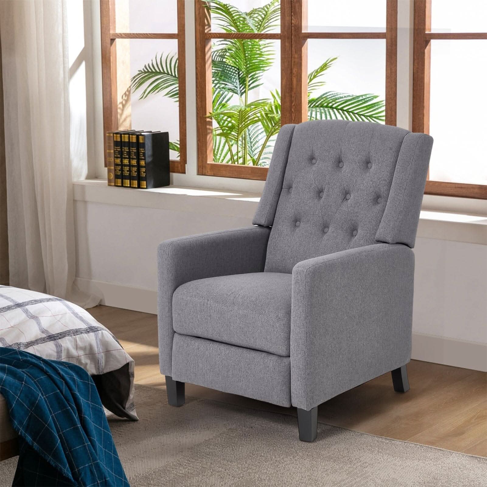 Single Recliner Sofa Chair Adjustable 140° Grey Fine Linen Wood Legs