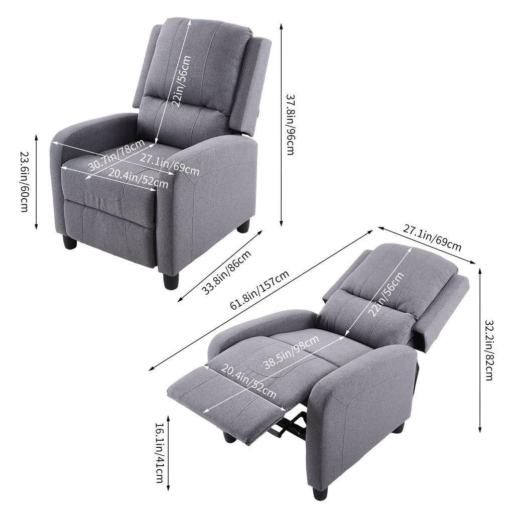Single Recliner Sofa Chair Adjustable 140° Black Plastic Legs Compact UK Design