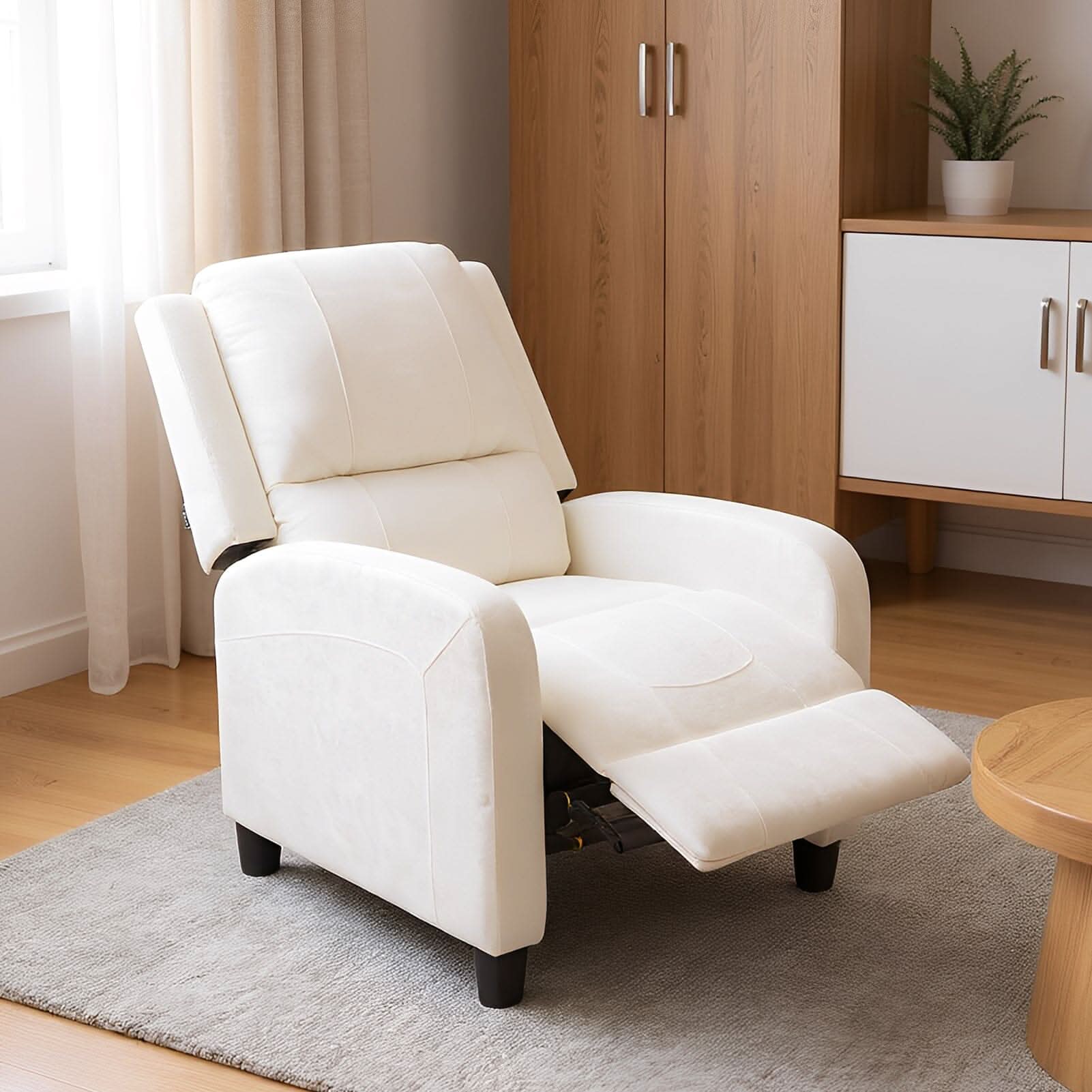 Single Recliner Sofa Chair Adjustable 140° Black Plastic Legs Compact UK Design