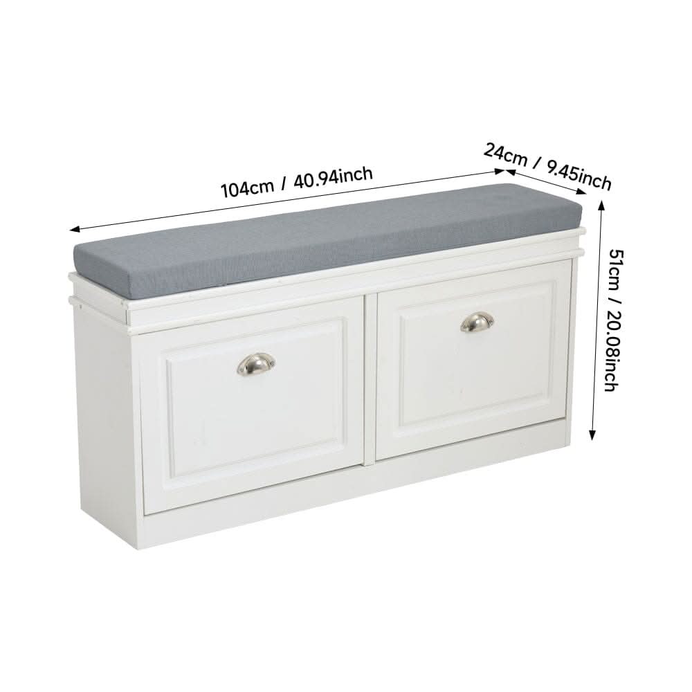 White 2-Door Shoe Storage Bench With Padded Seat British Hallway Organiser