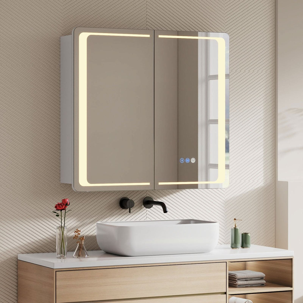 50x70cm / 65x60cm LED Bathroom Mirror Cabinet with Bluetooth & Fog-Free Technology