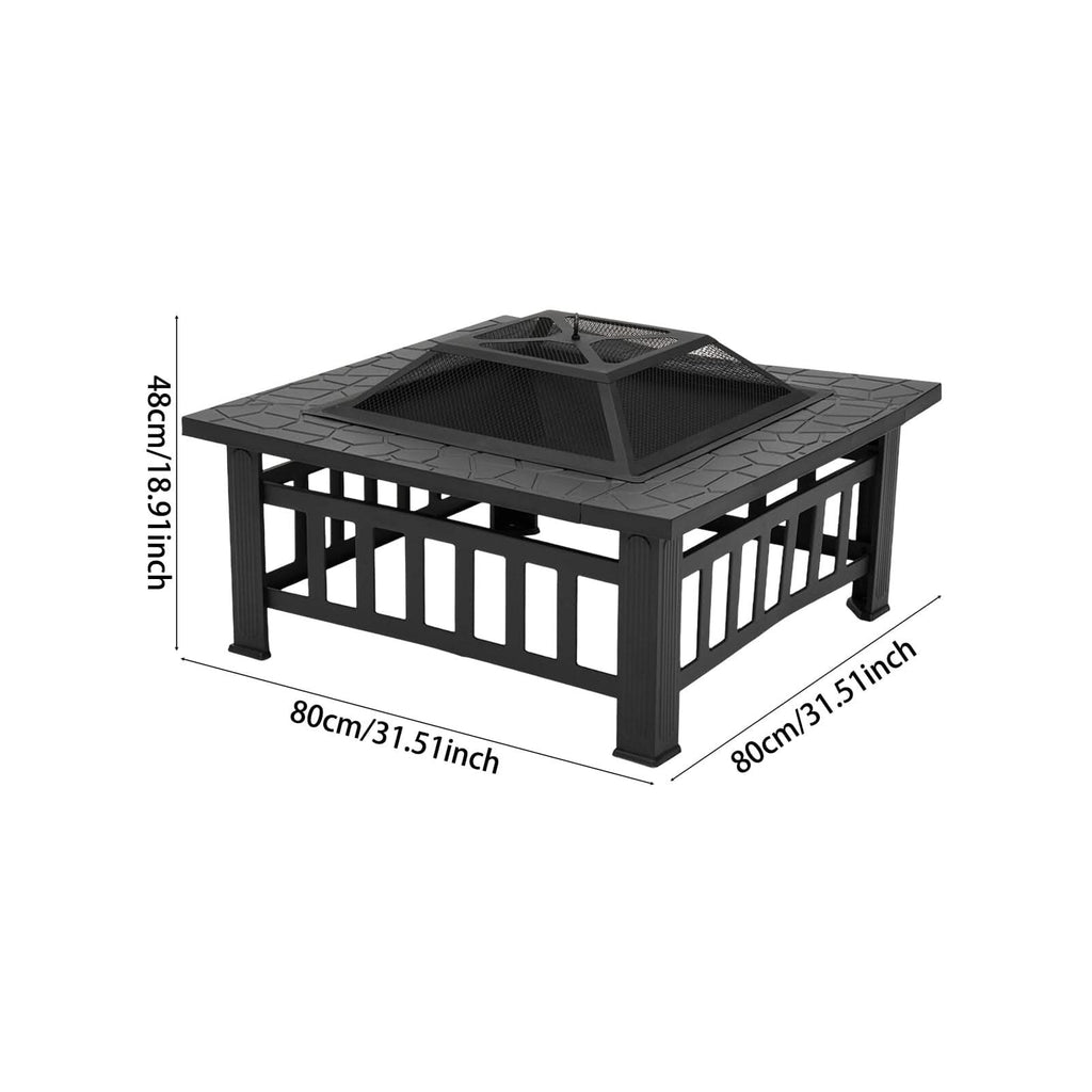 80cm Portable Square Fire Pit & BBQ Grill | Garden Fire Bowl for Camping & Patio