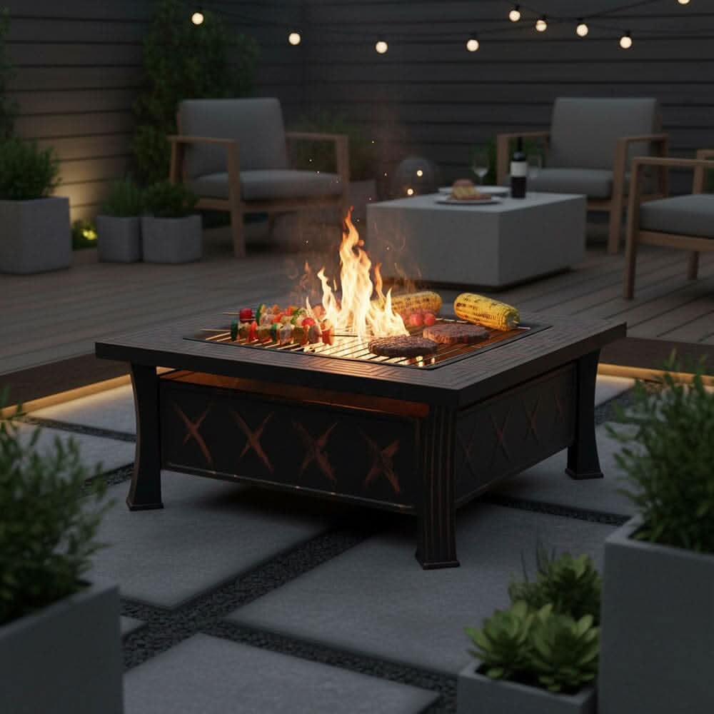80cm Vintage-Style Outdoor Fire Pit & BBQ Grill | Square Fire Bowl for Garden & Camping