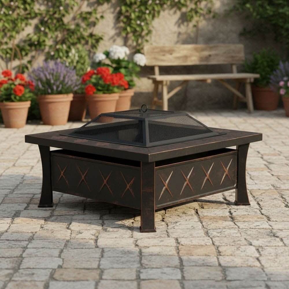 80cm Vintage-Style Outdoor Fire Pit & BBQ Grill | Square Fire Bowl for Garden & Camping