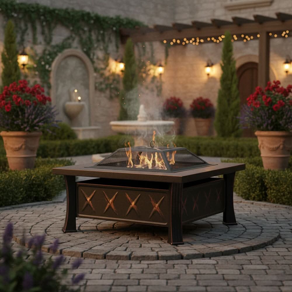 80cm Vintage-Style Outdoor Fire Pit & BBQ Grill | Square Fire Bowl for Garden & Camping