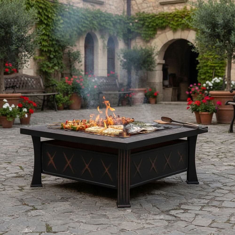 80cm Vintage-Style Outdoor Fire Pit & BBQ Grill | Square Fire Bowl for Garden & Camping
