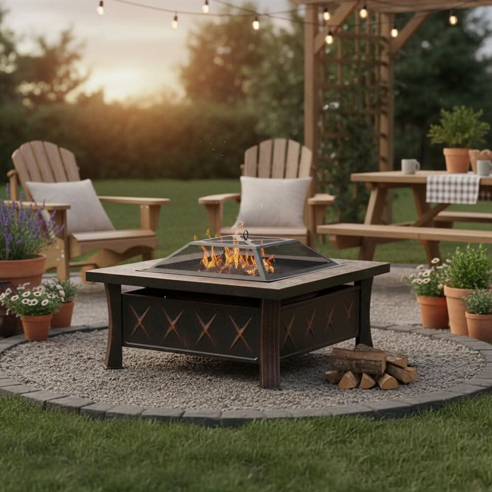 80cm Vintage-Style Outdoor Fire Pit & BBQ Grill | Square Fire Bowl for Garden & Camping