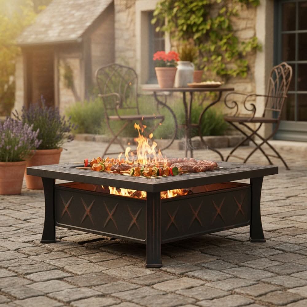 80cm Vintage-Style Outdoor Fire Pit & BBQ Grill | Square Fire Bowl for Garden & Camping