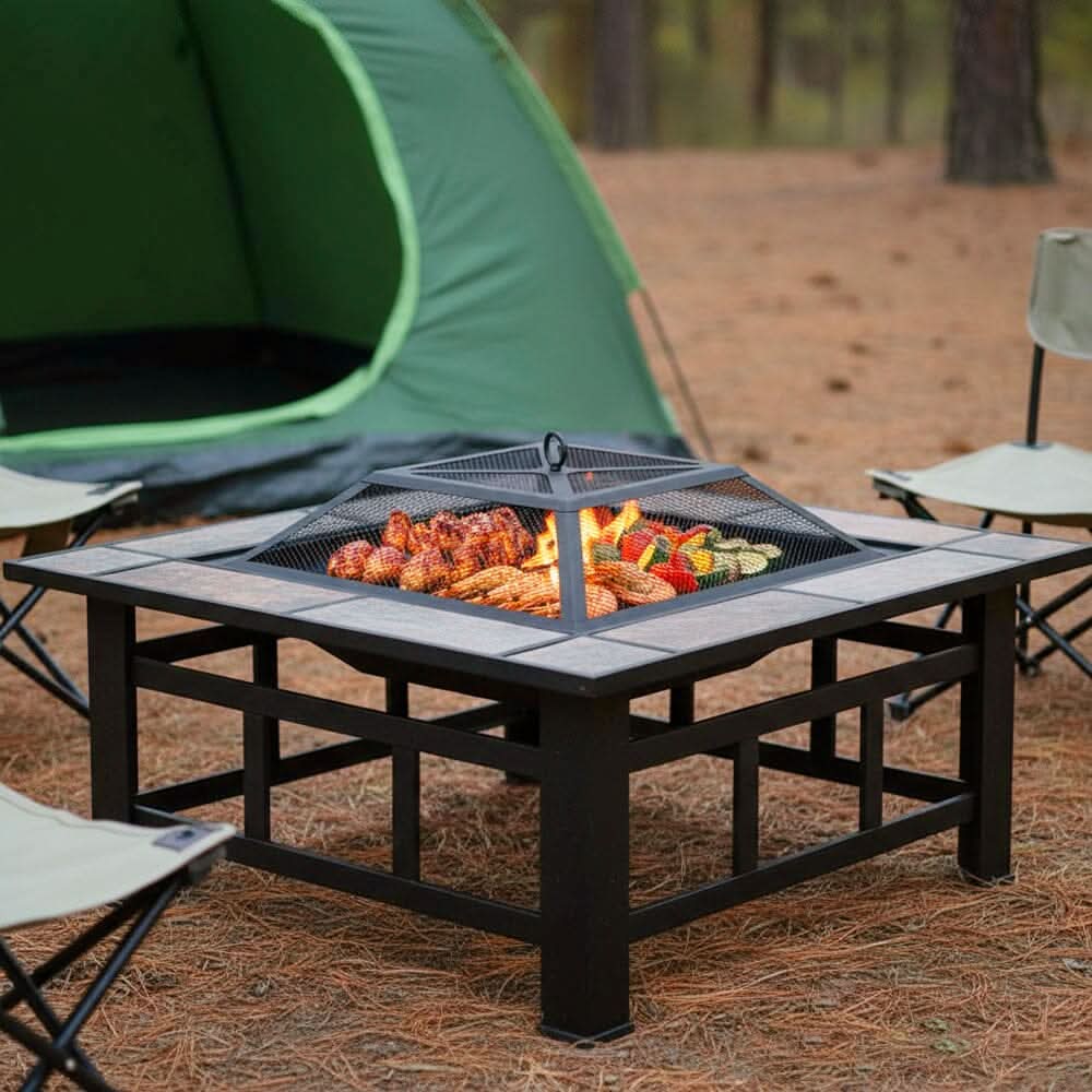 83cm Vintage Brown Fire Pit & BBQ Grill | Square Outdoor Fire Bowl for Garden & Camping