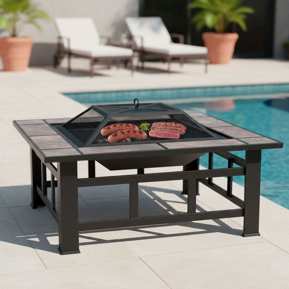 83cm Vintage Brown Fire Pit & BBQ Grill | Square Outdoor Fire Bowl for Garden & Camping