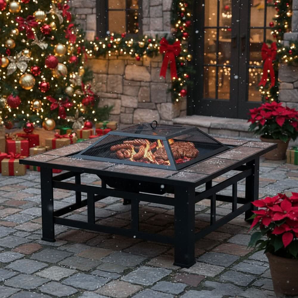 83cm Vintage Brown Fire Pit & BBQ Grill | Square Outdoor Fire Bowl for Garden & Camping