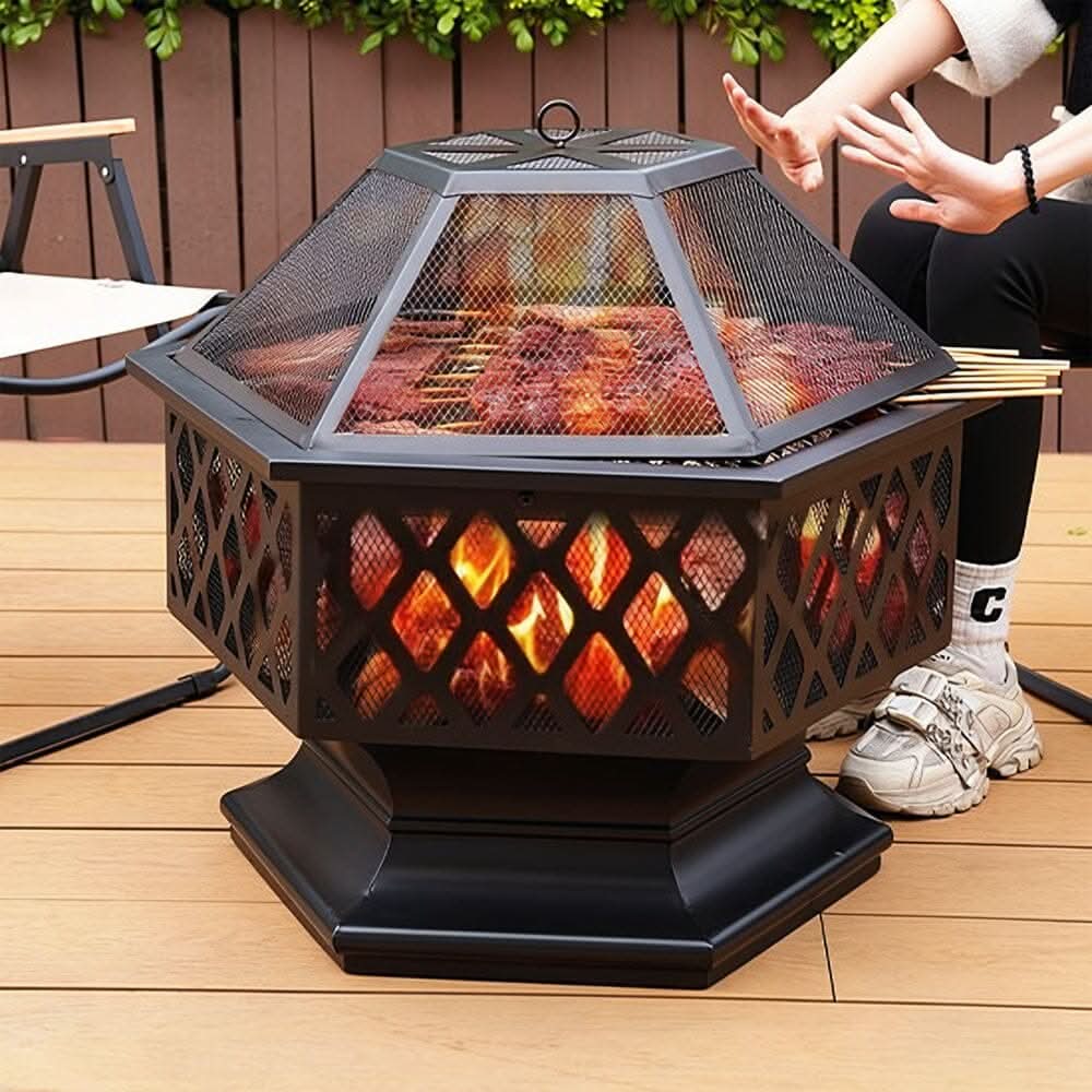 70cm Hexagonal Outdoor Fire Pit & BBQ Grill