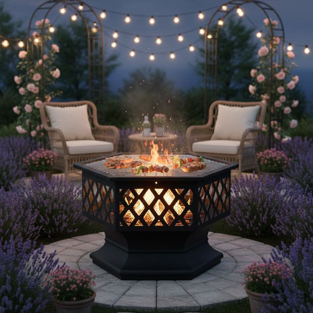 70cm Hexagonal Outdoor Fire Pit & BBQ Grill