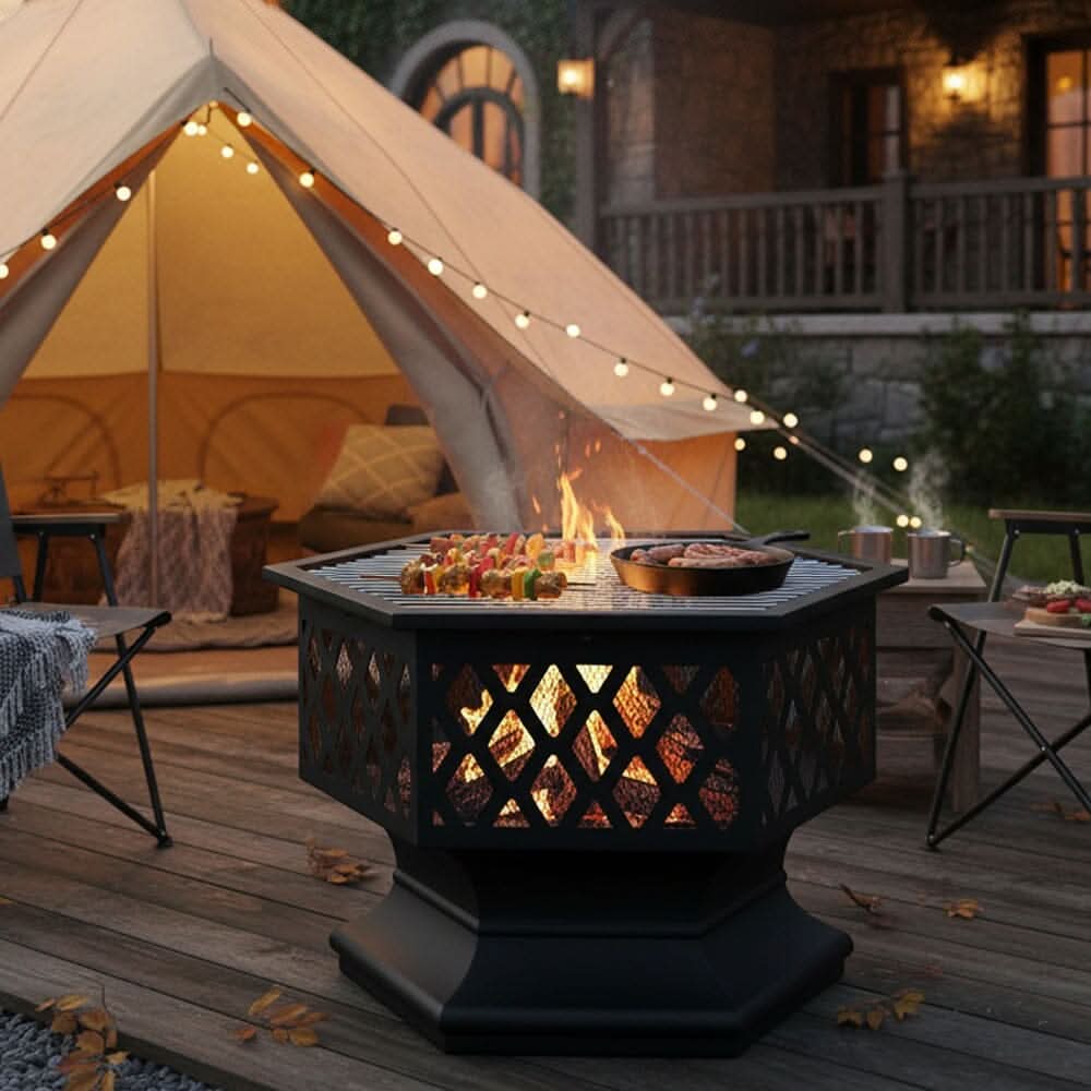 70cm Hexagonal Outdoor Fire Pit & BBQ Grill