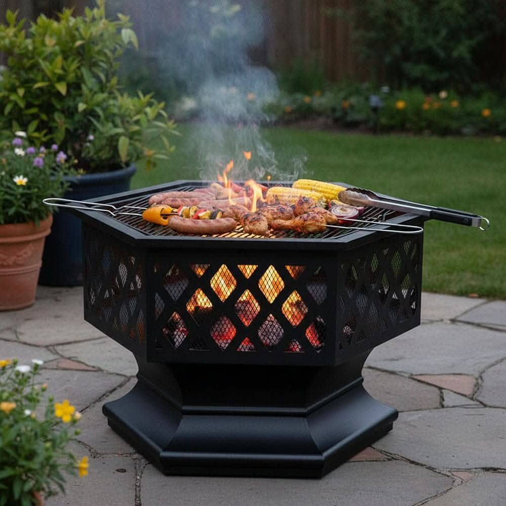 70cm Hexagonal Outdoor Fire Pit & BBQ Grill