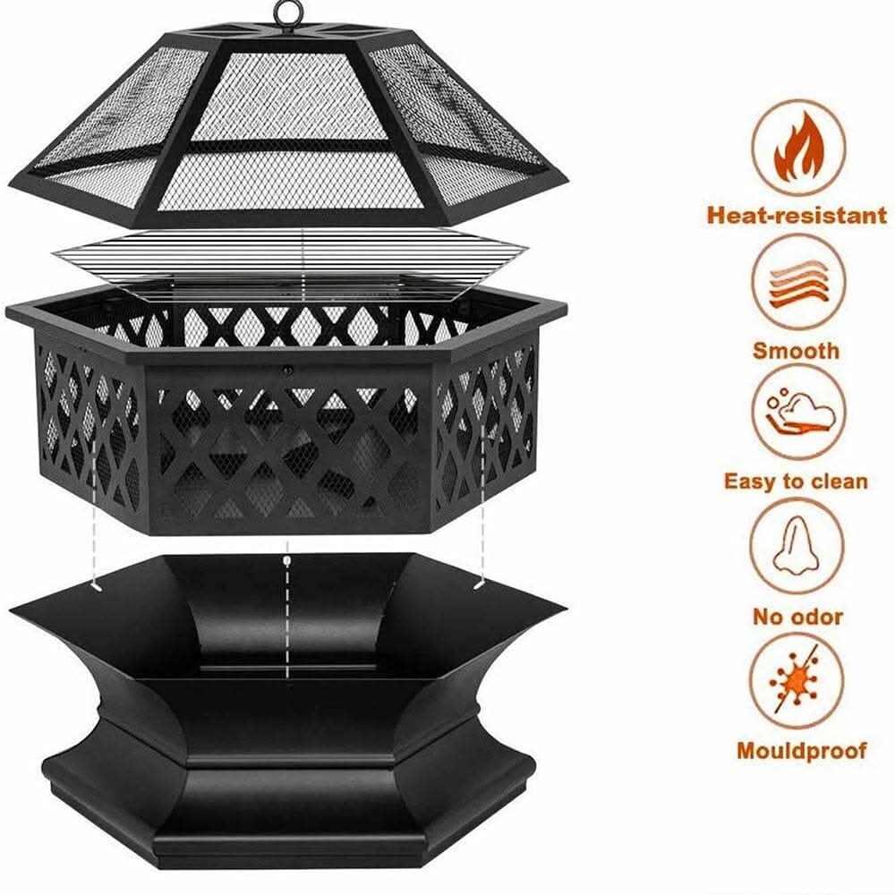 70cm Hexagonal Outdoor Fire Pit & BBQ Grill