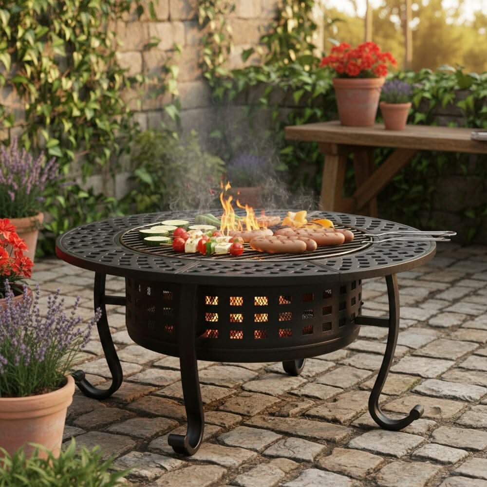 Large Round Fire Pit & BBQ Grill | 93cm Diameter Outdoor Fire Bowl for Garden & Camping